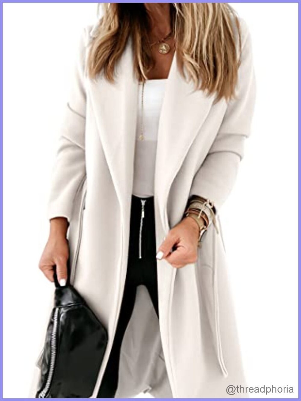 Women's Long Belted Trench Coat Lapel Open Front Below Knee